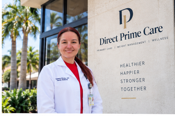 Dr. Tetyana Shvets in front of the Direct Prime Care office