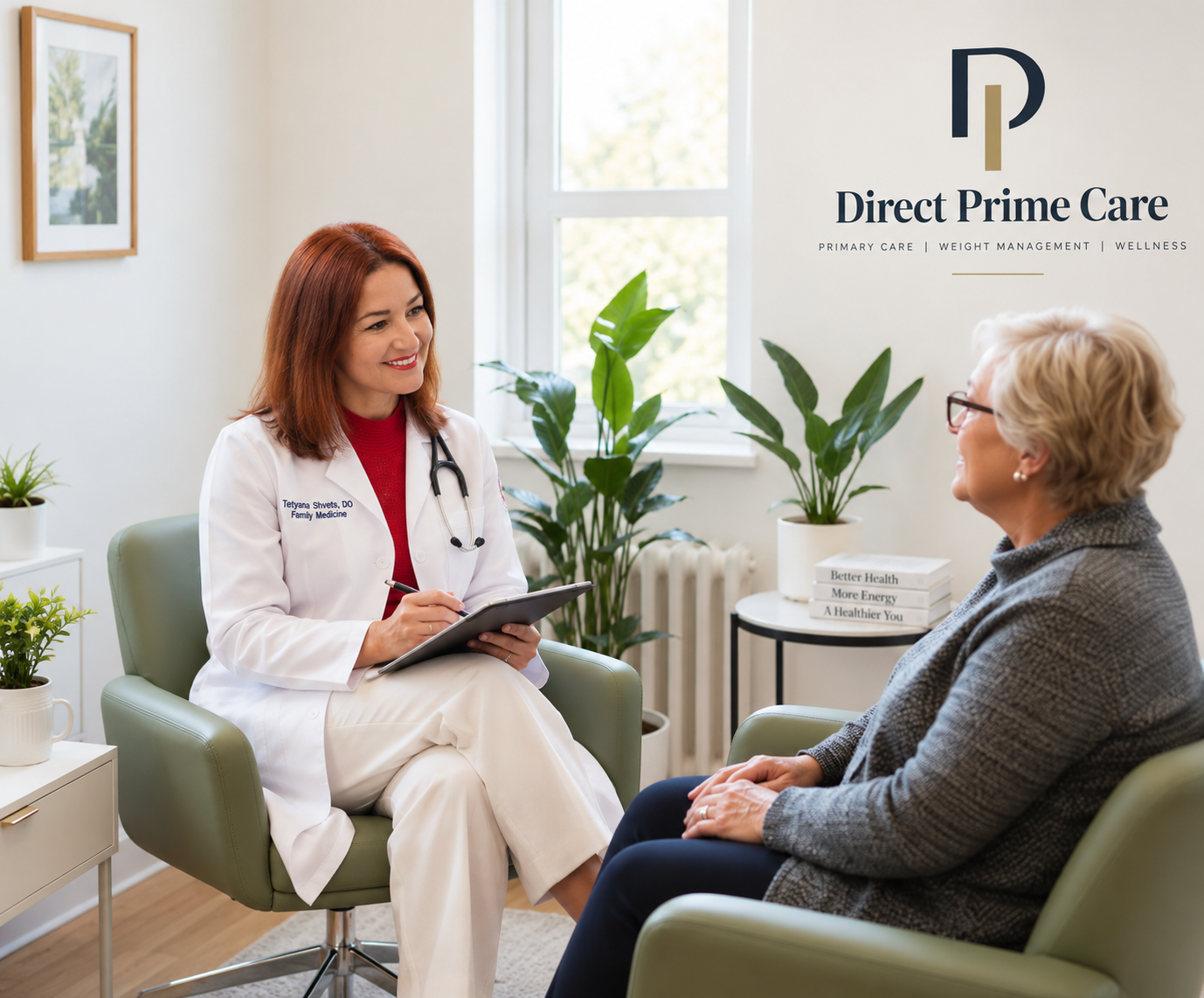 Dr. Tetyana Shvets speaking with a patient in the office