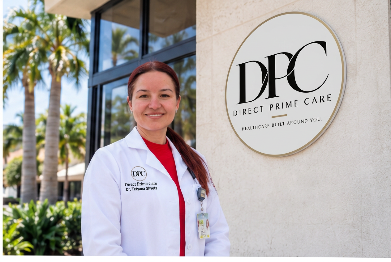 Dr. Tetyana Shvets in front of the Direct Prime Care office